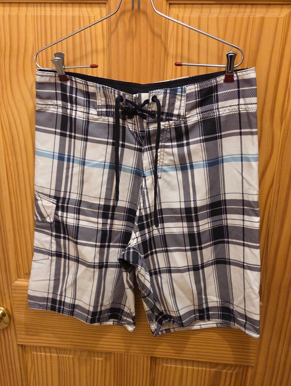 burnside Black, White & Light Blue Plaid Swim Board Shorts